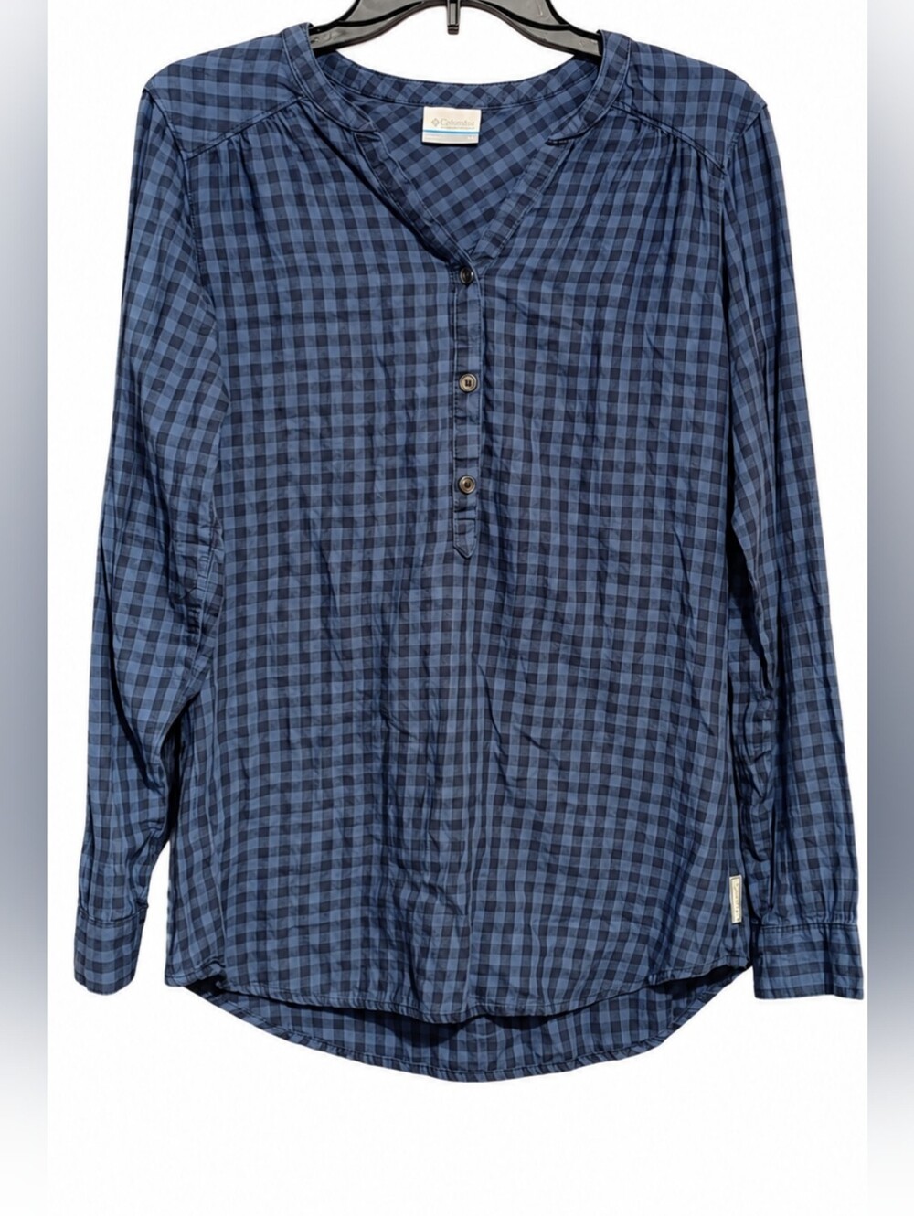 Columbia Women's Size Small Blue Check Long-Sleeve Henley Shirt